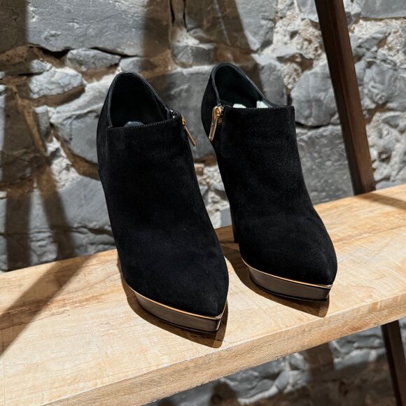 Saint Laurent Black Suede Gold Trim Janis Platform Ankle Booties - Picture 3 of 10